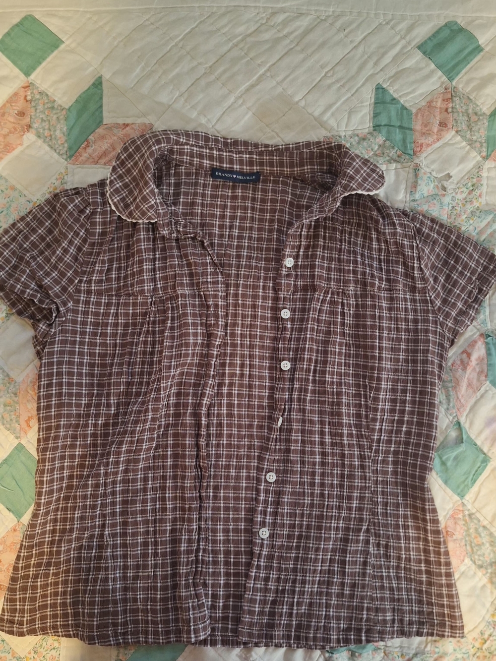 Brandy Melville Brown Plaid Short-Sleeve Button-Down Shirt